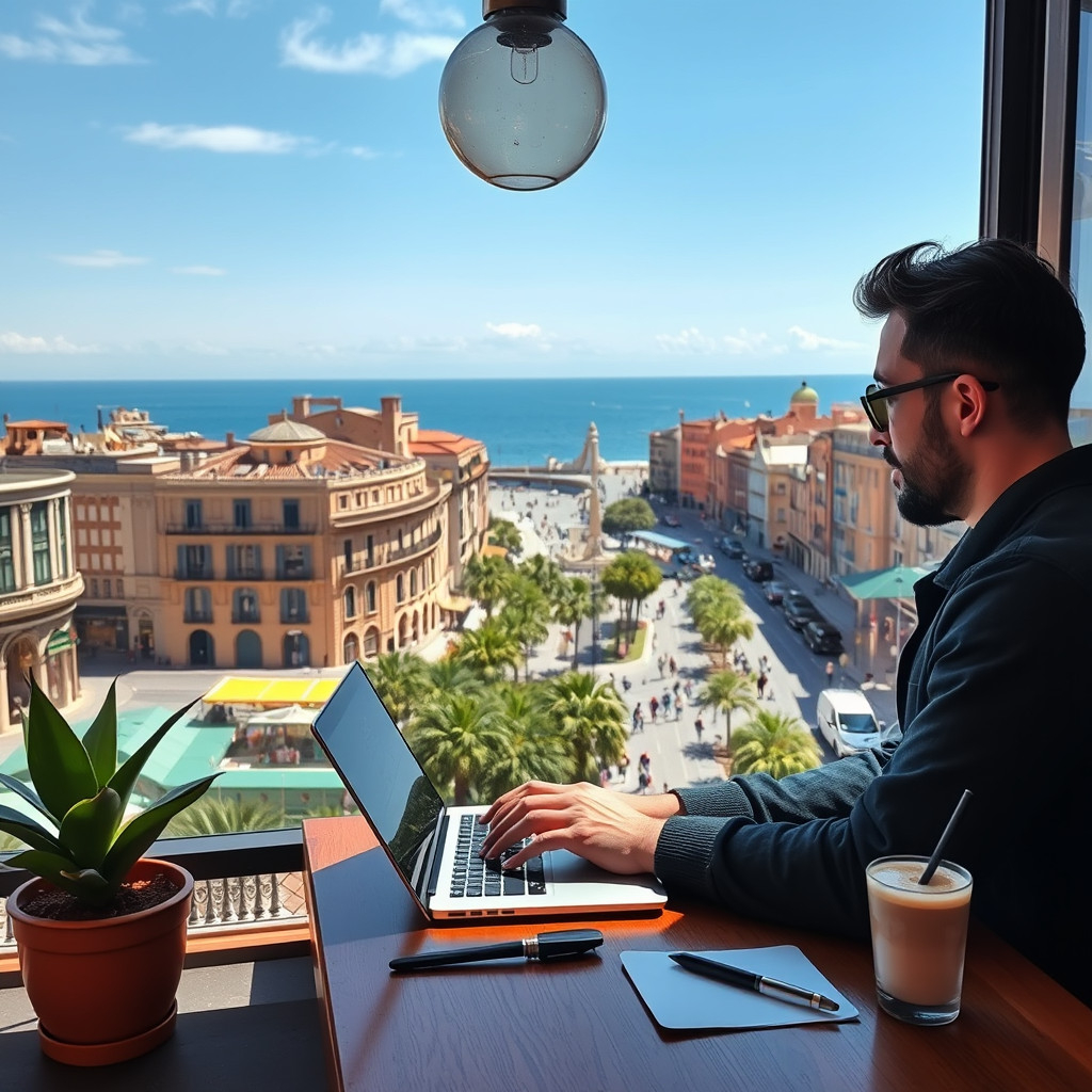 A digital nomad A digital nomad working on a laptop in a café overlooking Las Ramblas in Barcelona
