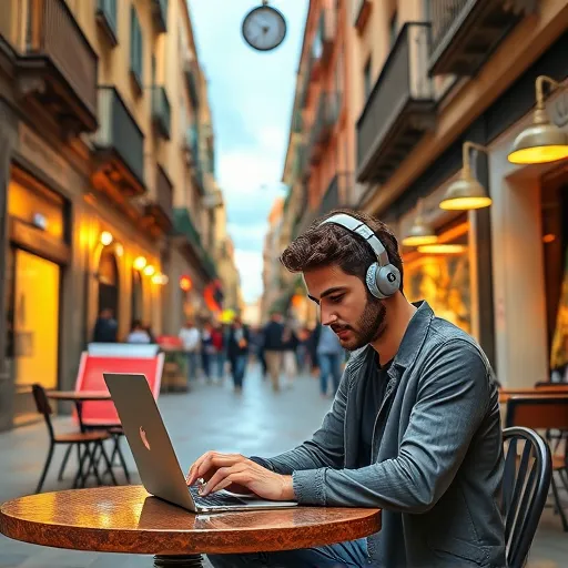 A digital nomad in Barcelona A digital nomad working on a laptop at a cafe, surrounded by city life, architecture, and culture in Barcelona.