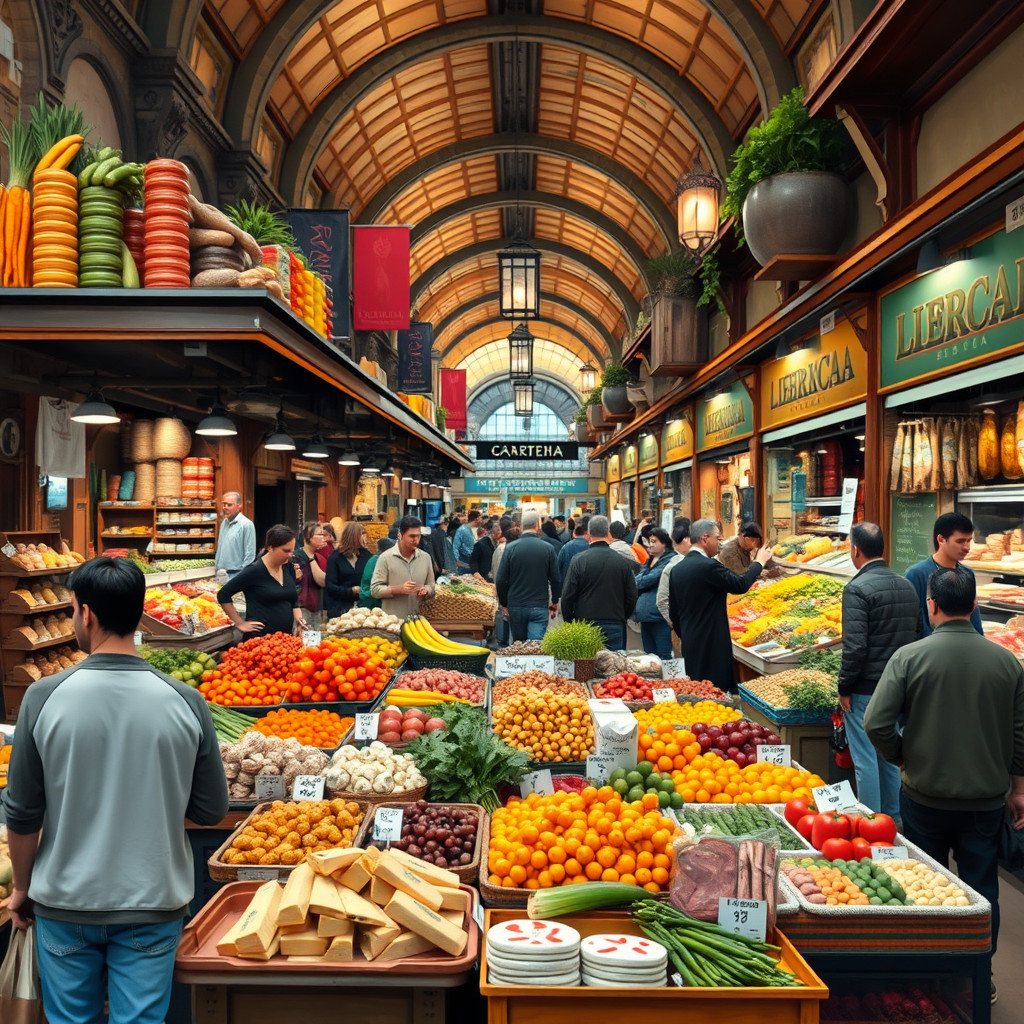 Mercat de la Boqueria market A bustling scene inside Mercat de la Boqueria market in Barcelona with colorful food stalls