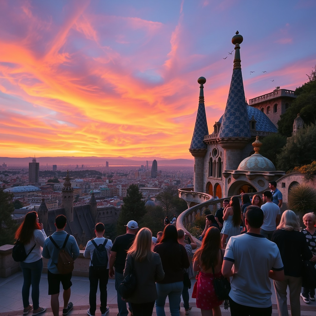 Park Guell People enjoying the sunset and Gaudí's architecture at Park Güell in Barcelona