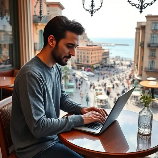 A digital nomad A digital nomad working on a laptop in a cozy café overlooking Barcelona with the Mediterranean Sea in the background