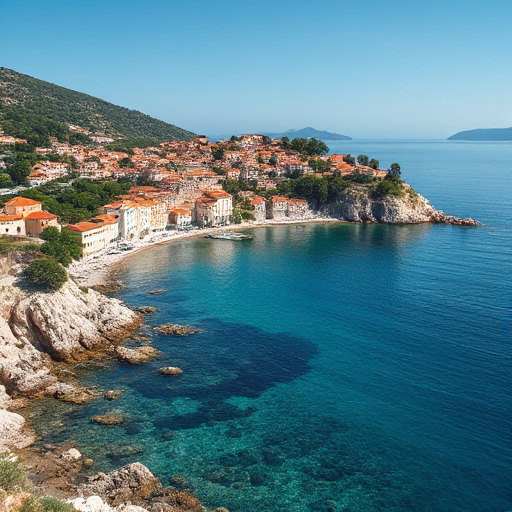 Croatian coast Scenic view of the Croatian coast, showcasing clear blue waters and rocky shorelines under a bright sky.
