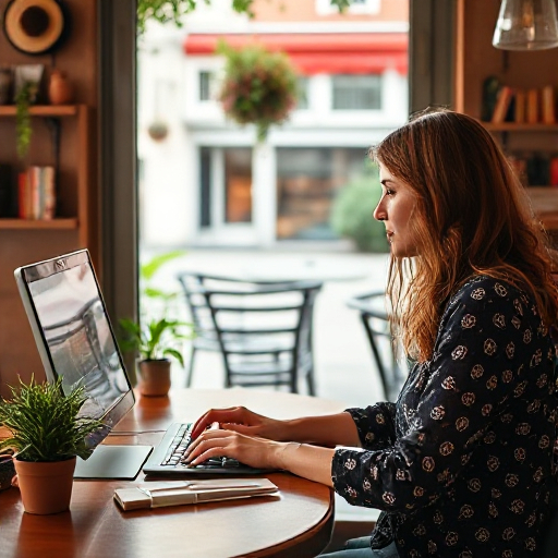 A digital nomad In a Croatian cafe, a woman digital nomad is seated at a table, diligently working on her com.r