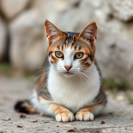 A curious cat in a Croatian street A curious cat sits on the ground in a Croatian street, its eyes wide open, attentively watching the world around it.