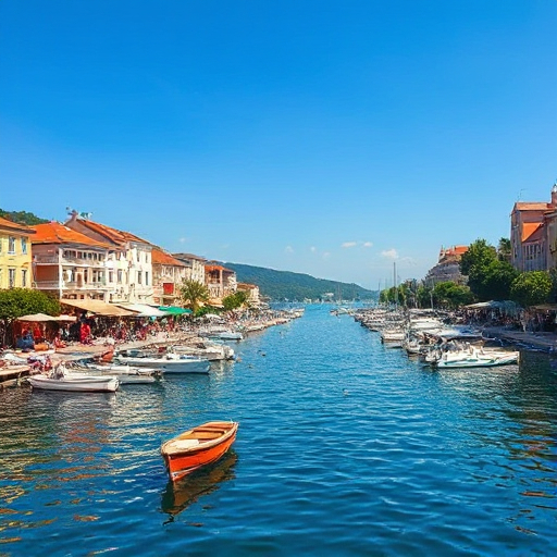 A summer day in Croatia A picturesque scene of boats moored near buildings, reflecting the warmth of a summer day in Croatia.