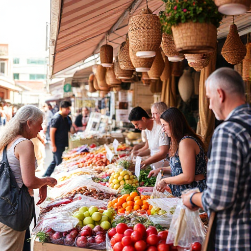 Locals shopping at Croatian market People shopping for fresh fruits and vegetables at a bustling outdoor market in Croatia, showcasing local options.