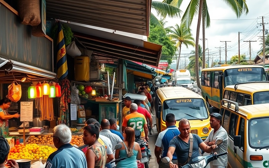 Fijian market with locals Fijian market with locals enjoying traditional food and various transport options