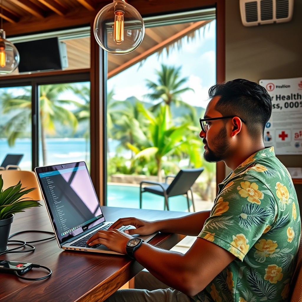 Digital nomad in Fiji Digital nomad in Fijian co-working space, working from his laptop