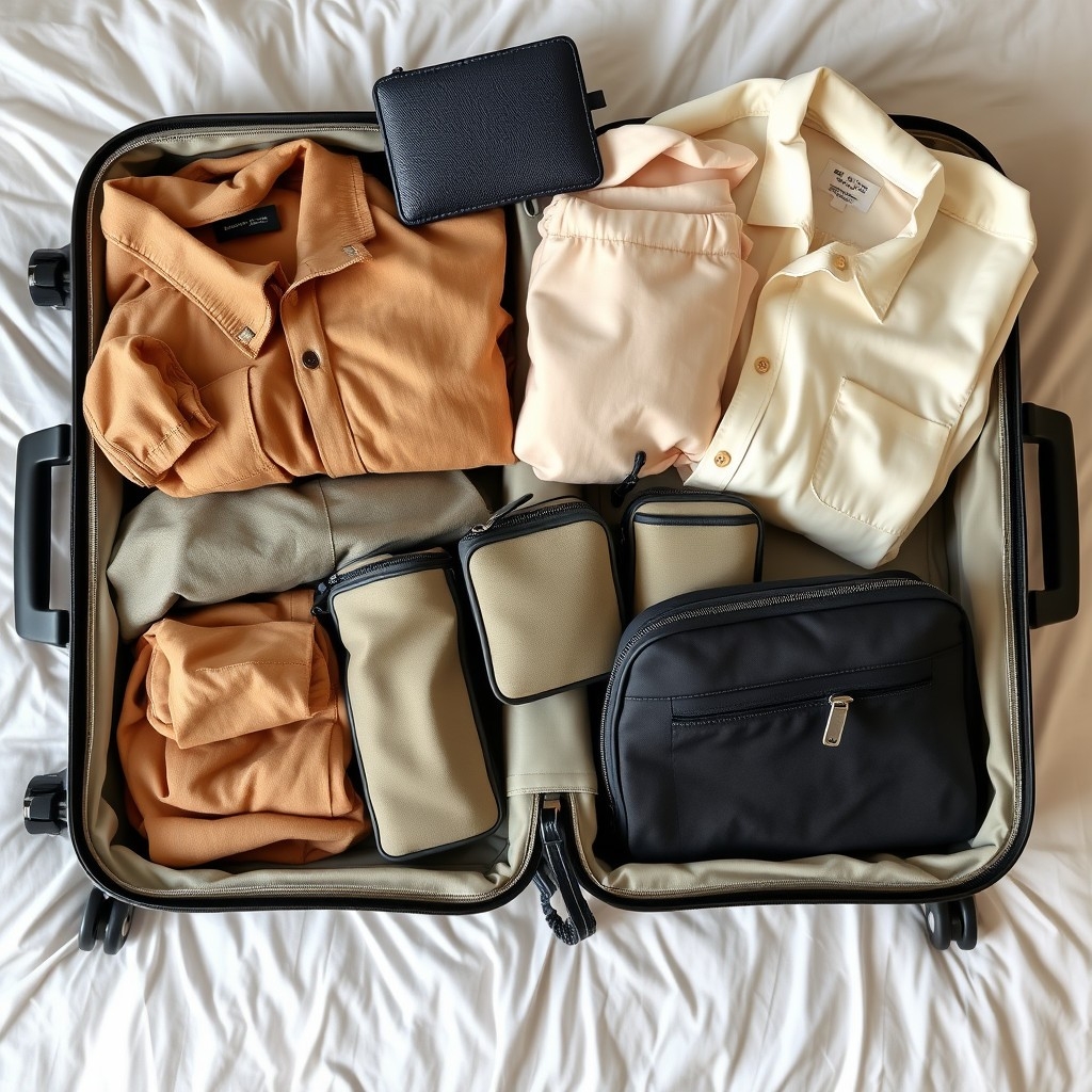 Open suitcase Open suitcase with neutral clothes, toiletry bags, packing cubes, and travel wallet organized inside