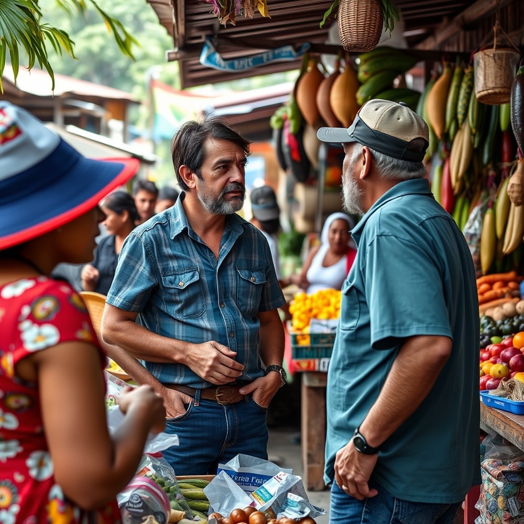 Expat in a Costa Rican market Expat navigating language barrier in a Costa Rican market with locals