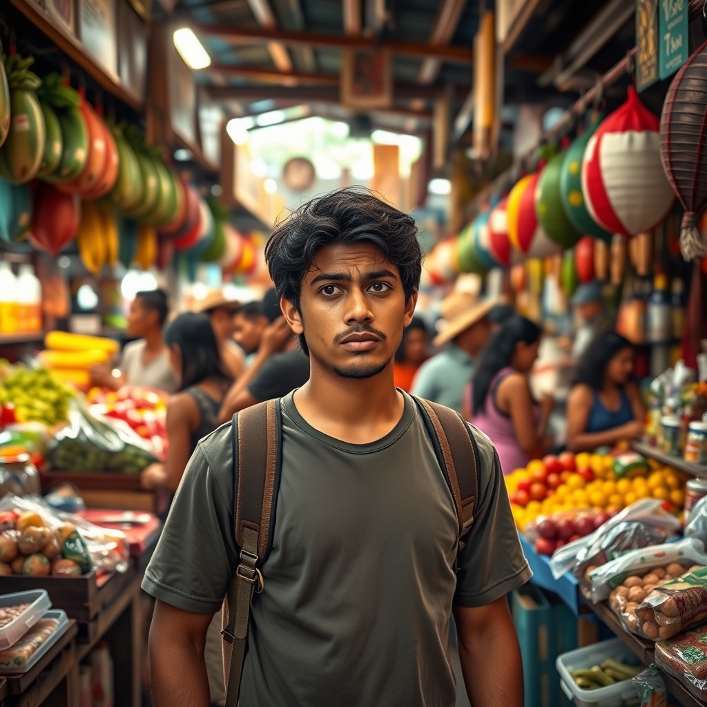 A person in a Costa Rica A person in a Costa Rican market looks concerned at high prices, experiencing cultural differences