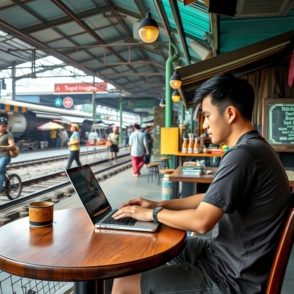 Digital nomad working in Mae Klong café Digital nomad working in Mae Klong café near the vibrant railway market, experiencing Thai culture