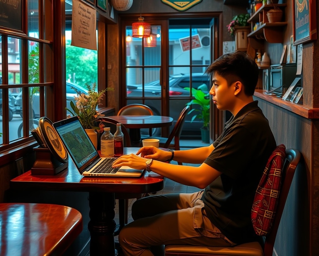 Digital nomad in a cozy Mae Klong cafe Digital nomad working in a cozy Mae Klong cafe with laptop and coffee