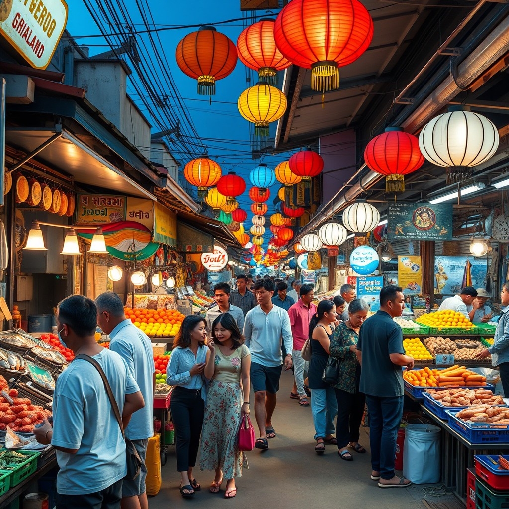 Mae Klong street market Bustling Mae Klong street market with colorful food stalls and local shoppers