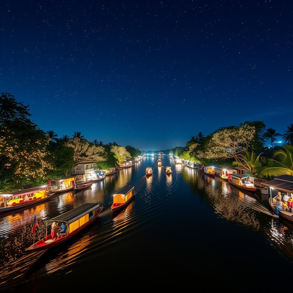 Amphawa firefly tour Boat on river during Amphawa firefly tour near Mae Klong with glowing trees