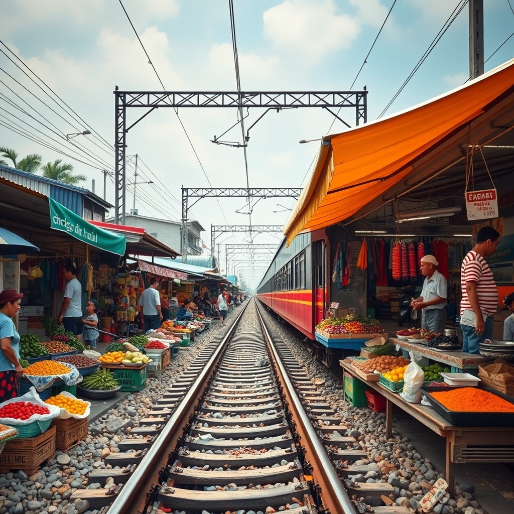 Mae Klong Railway Market Vendors at Mae Klong Railway Market retracting stalls as train passes through the bustling market