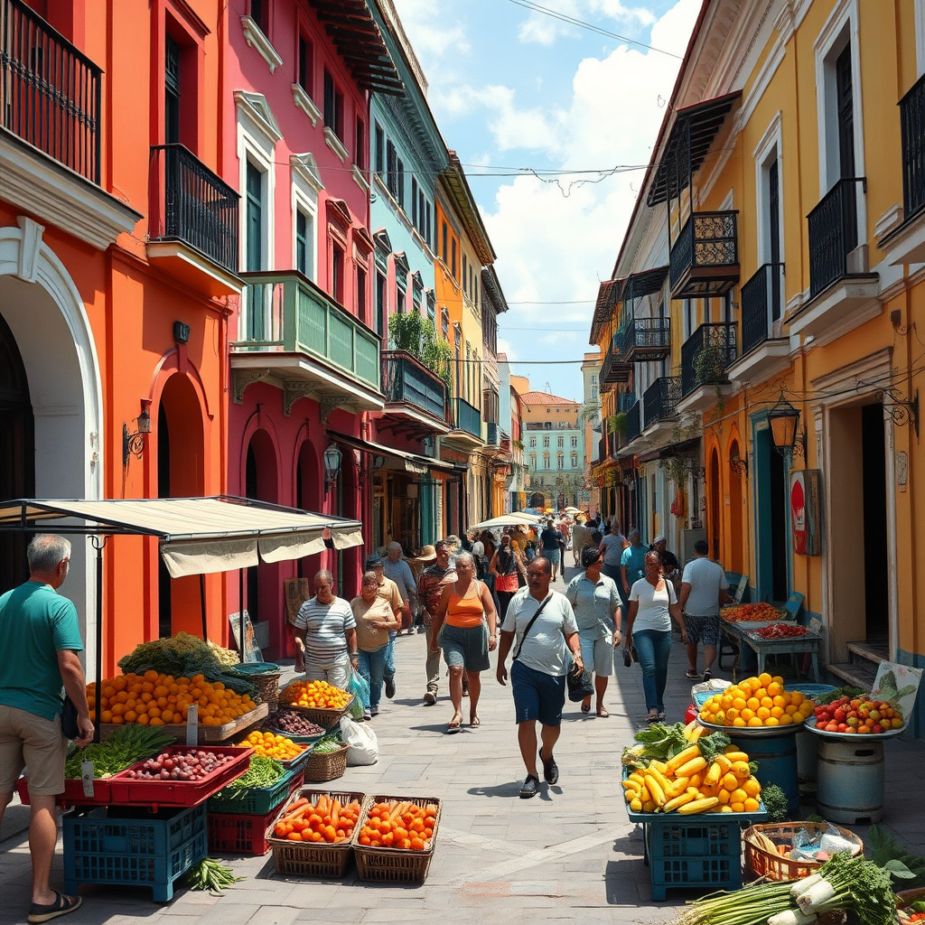 Santo Domingo Colorful street in Santo Domingo with locals and vendors beneath colonial buildings
