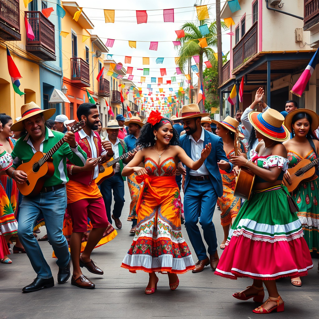 Festival in Dominican Republic Group of locals dancing merengue in vibrant festival with traditional costumes