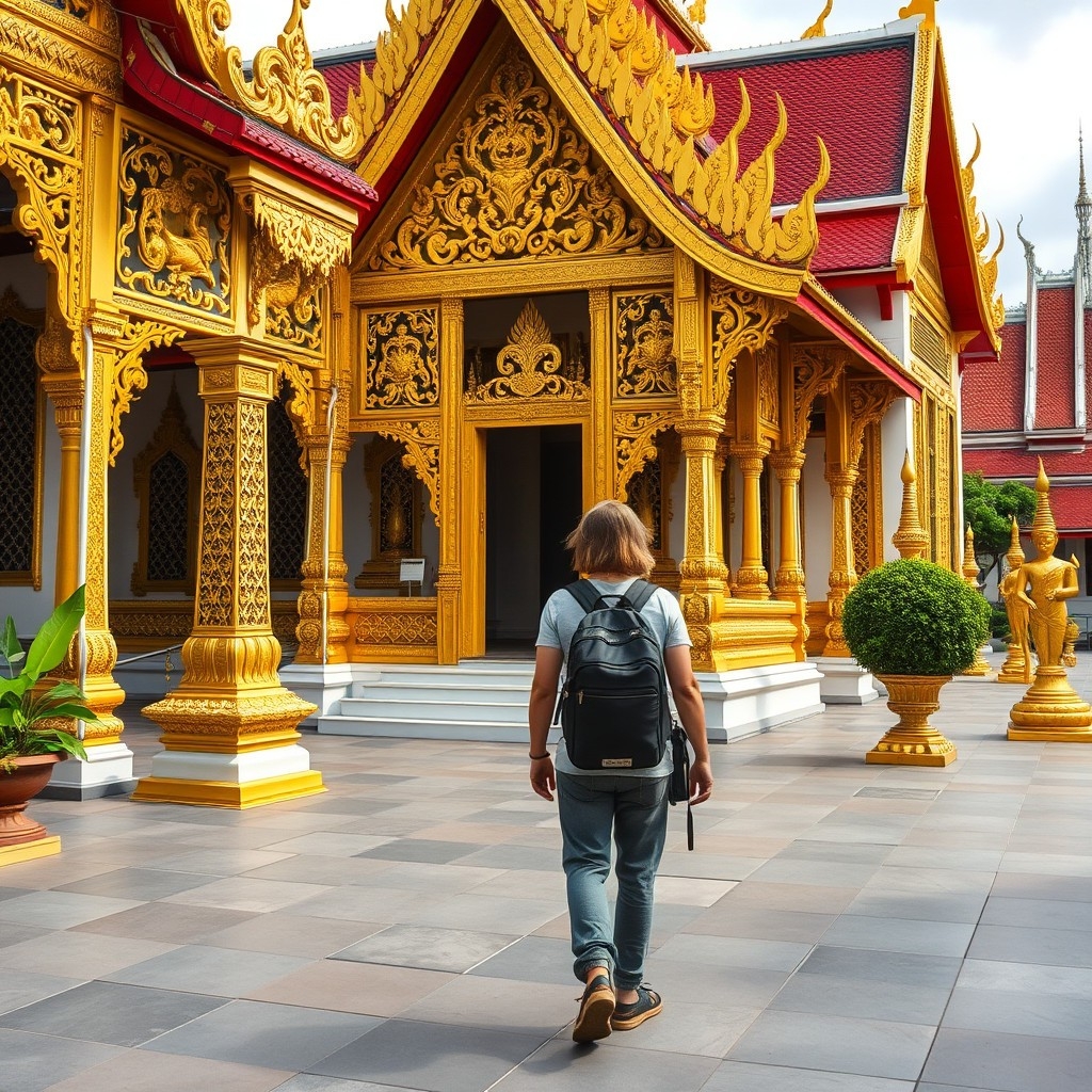 Visitor exploring a Thai temple Visitor in modest attire exploring a beautiful Thai temple, respecting dress code guidelines