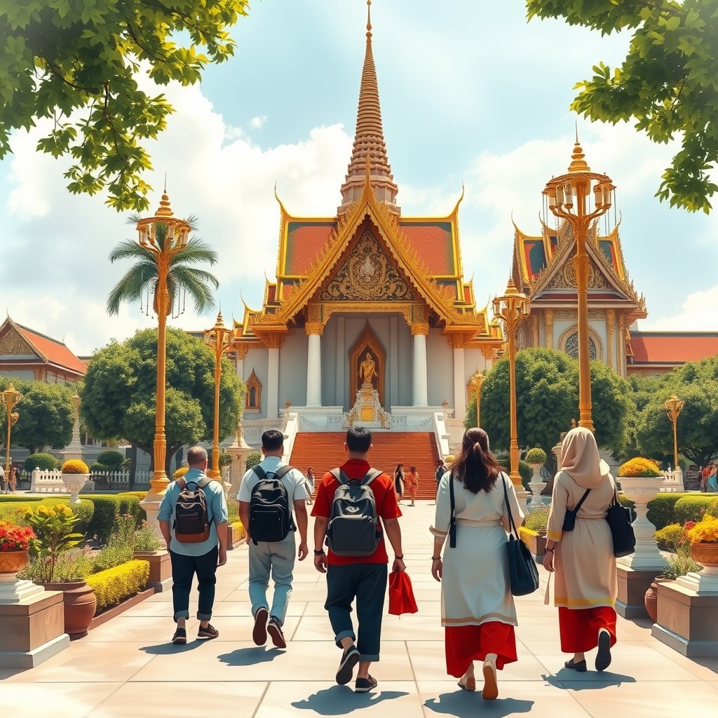 Travelers in a temple in Thailand Travelers dressed in modest clothing approaching a temple in Thailand, showcasing proper temple attire