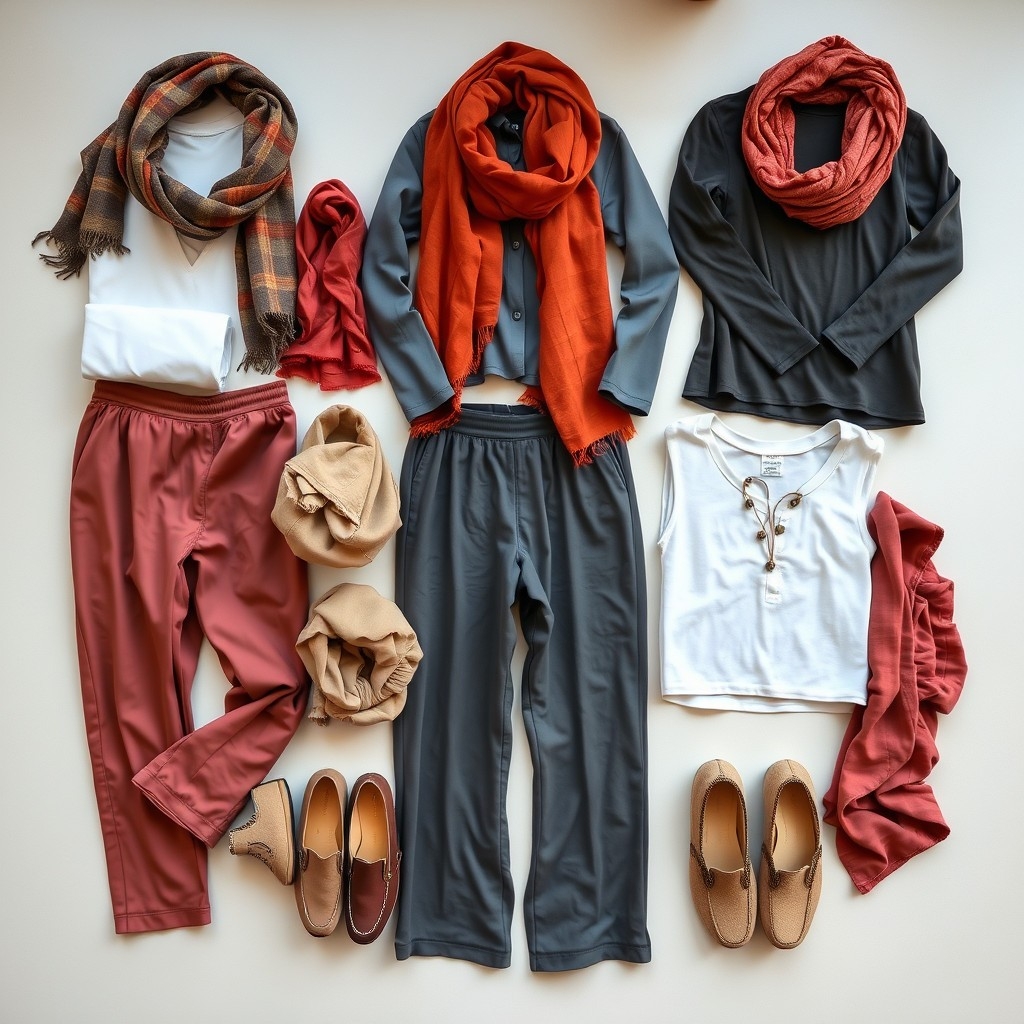 Clothing essentials for visiting Thai temples An arrangement of clothing essentials for visiting Thai temples, including modest attire and accessories