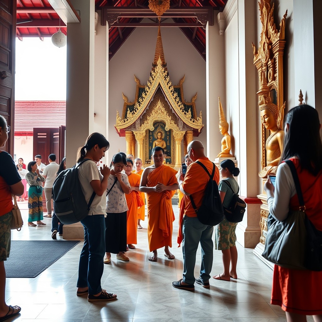 Tourists inside a Thai temple Tourists practicing respectful etiquette inside a Thai temple, removing shoes and speaking softly around monks