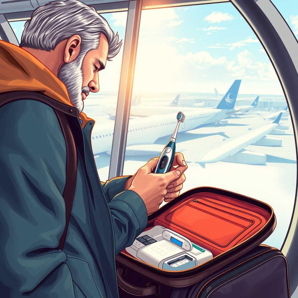 Traveler packing an electric toothbrush Traveler packing an electric toothbrush into luggage at airport before flight