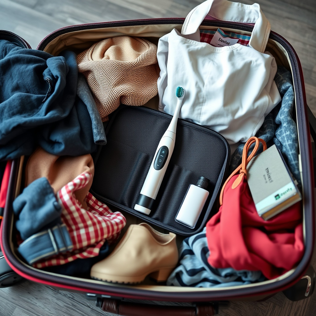Open suitcase Open suitcase packed with electric toothbrush in protective case among travel essentials, showcasing efficient packing