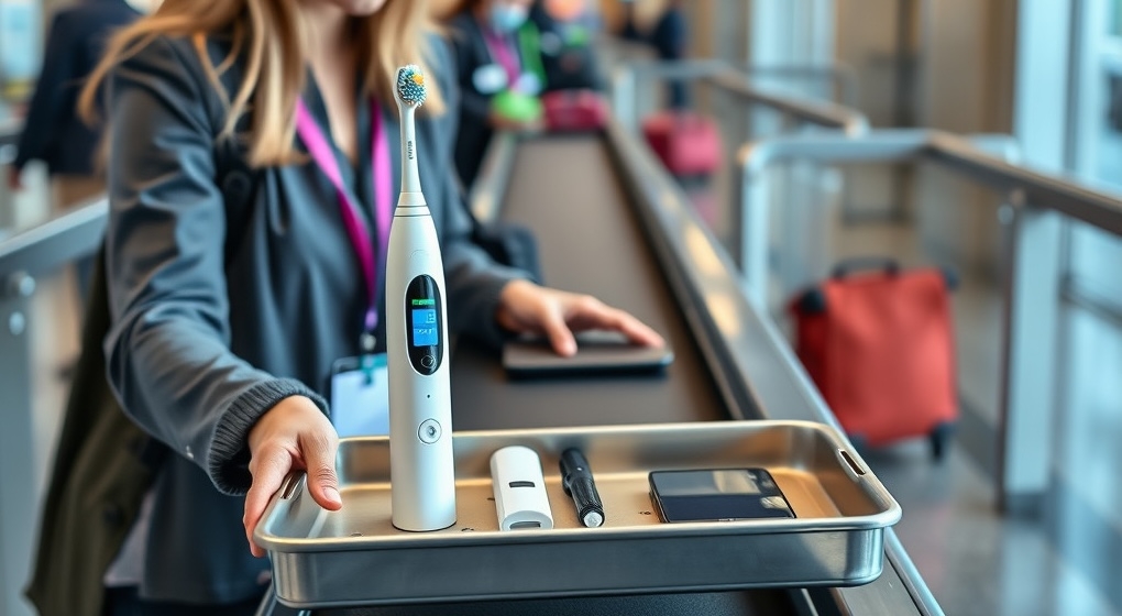 Traveler Traveler placing electric toothbrush on airport security conveyor belt, highlighting TSA procedures for electronics