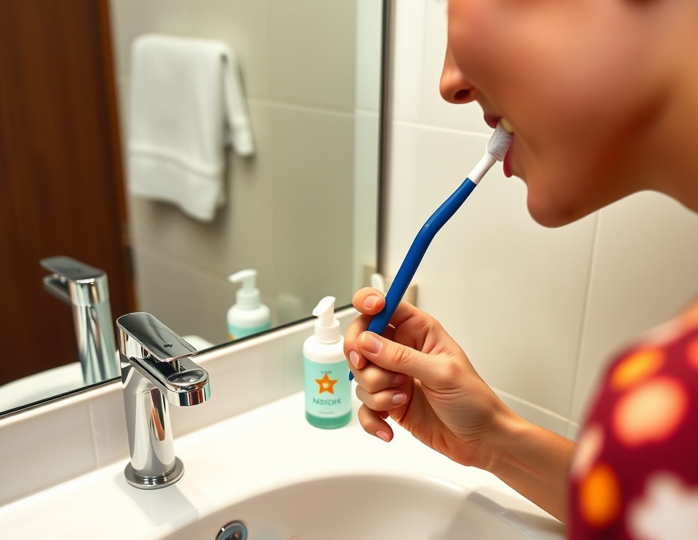Traveler Traveler brushing teeth on a plane bathroom with travel-sized dental essentials, maintaining oral hygiene on the go