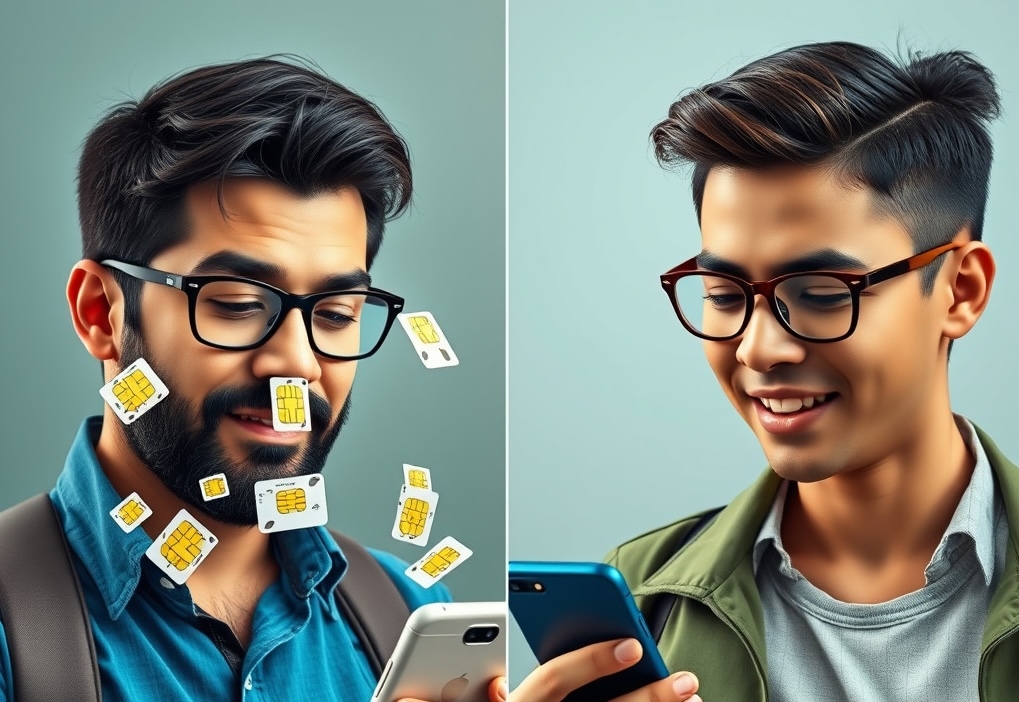 SIM Card vs eSIM Comparison of handling SIM cards versus managing eSIMs on a smartphone