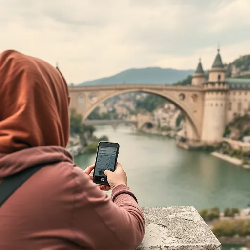 A digital nomad A digital nomad walking around the Mostar Bridge in Bosnia, checking out the best places to see using her phone's internet