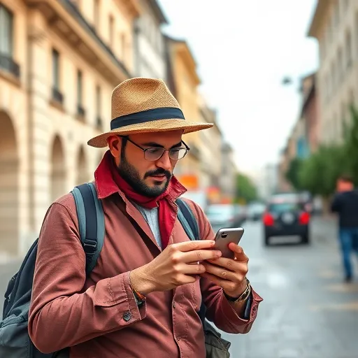 A backpacker A backpacker using his smartphone, searching for a free WiFi zone in a popular street in the city