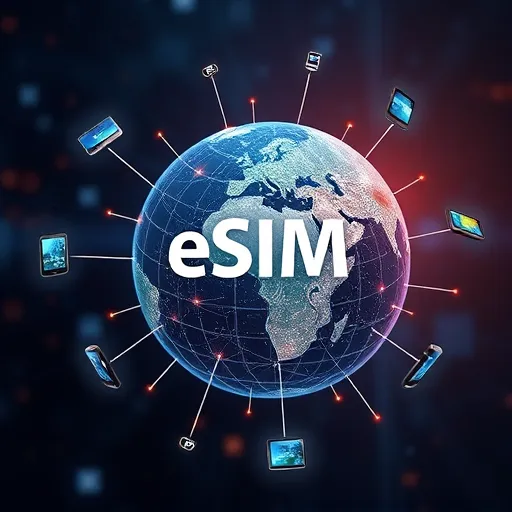 eSIM technology Global network of devices using eSIM technology symbolizing future communication