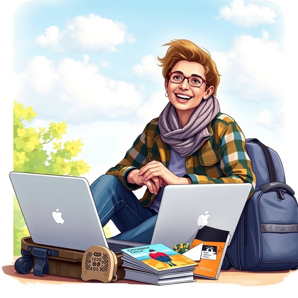 Digital nomad packing suitcase Digital nomad packing suitcase with laptop and Estonia guidebook, ready to move