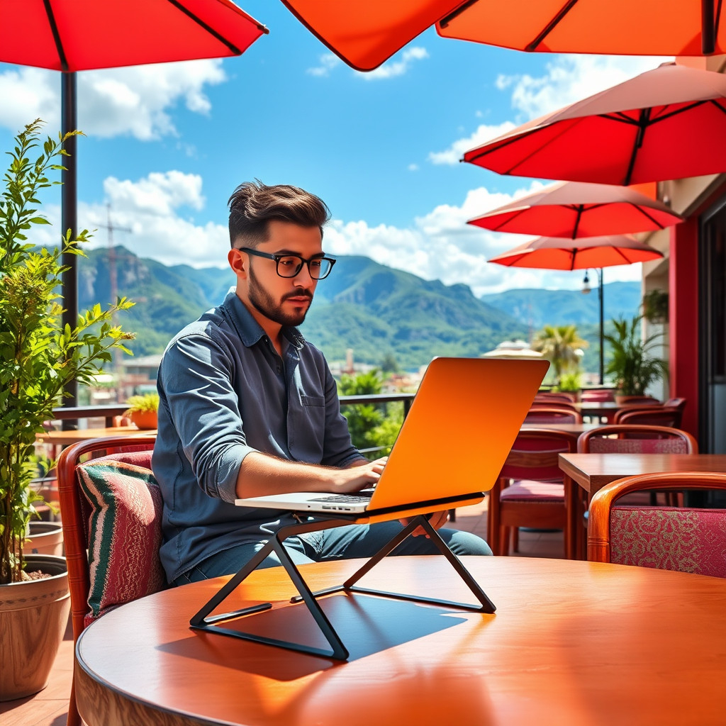 Digital nomad Digital nomad using a foldable laptop stand while working remotely in an outdoor café