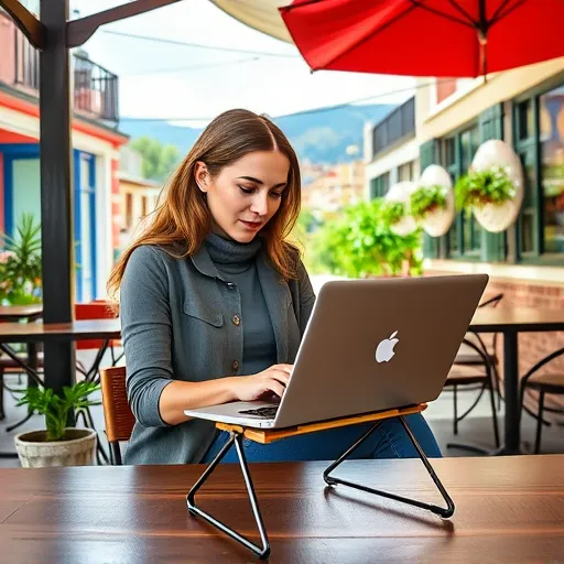 A digital nomad A digital nomad working on a laptop placed on a sleek foldable laptop stand in a vibrant outdoor café.