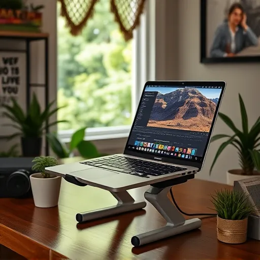 A setup of a foldable laptop A setup of a foldable laptop stand demonstrates the efficient workspace to overcome overheating while video editing