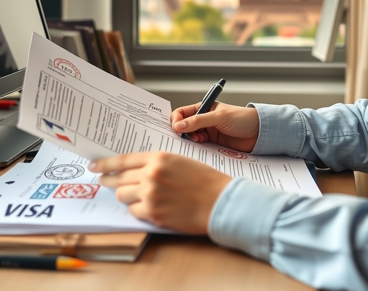 Digital nomad reviewing visa documents Digital nomad reviewing visa documents with French symbols and Eiffel Tower in background