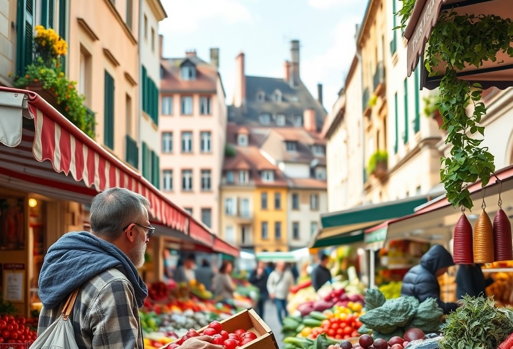 French outdoor market Digital nomad buying fresh produce at a French outdoor market amid vibrant stalls