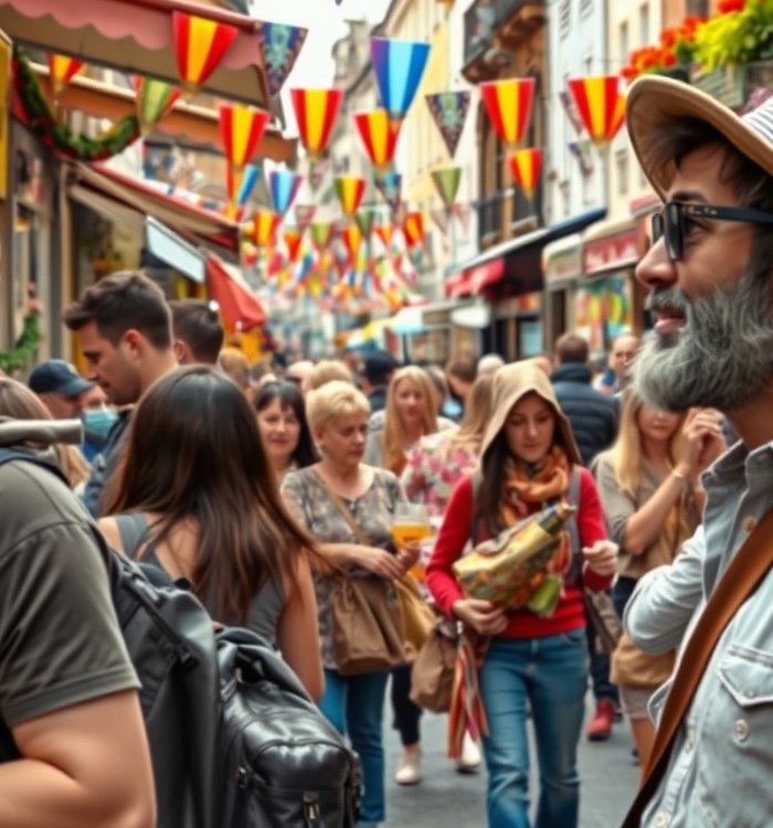 French street festival Digital nomad enjoying French street festival among locals with traditional architecture