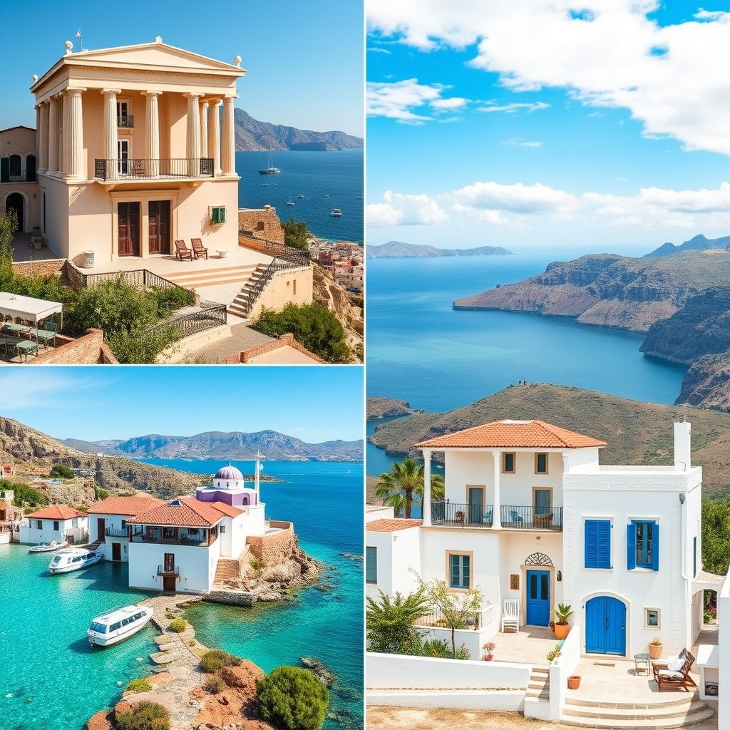 A collage depicting city apartments in Athens and island homes on Greek islands, illustrating living options for digital nomads