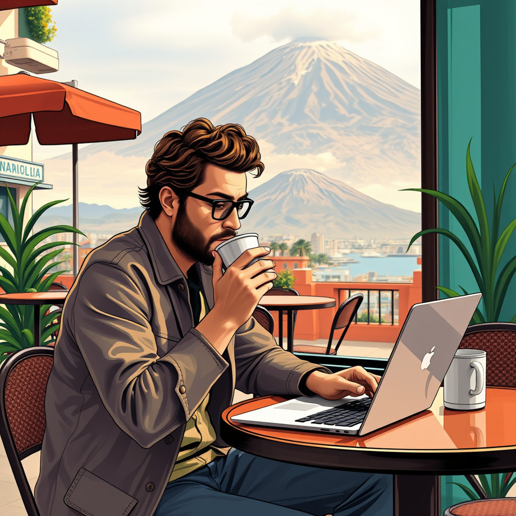 Digital nomad in Naples café Digital nomad in Naples café with laptop and coffee, Mount Vesuvius in background