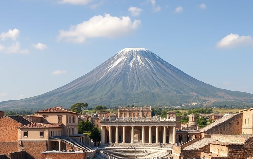 Mount Vesuvius Vast ruins of Pompeii with villas and amphitheater, Mount Vesuvius in background