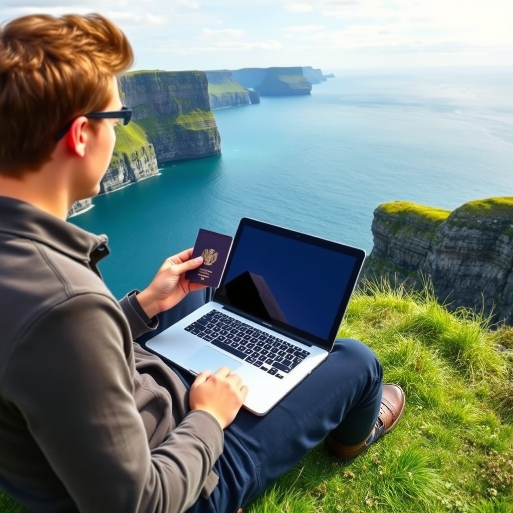 Digital nomad in Ireland Digital nomad with laptop overlooking Cliffs of Moher, representing working remotely in Ireland
