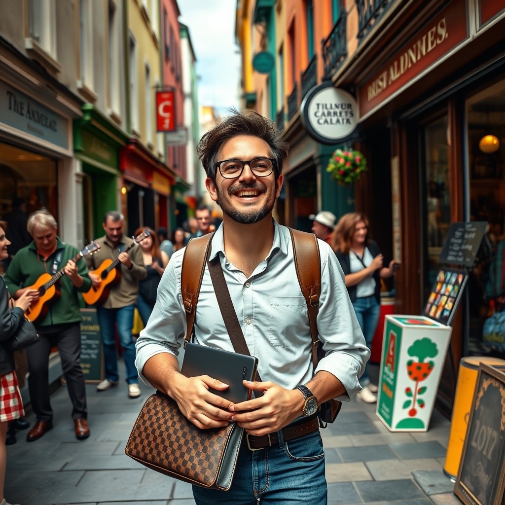 Digital nomad Digital nomad strolling through an Irish market street, experiencing local culture while working remotely