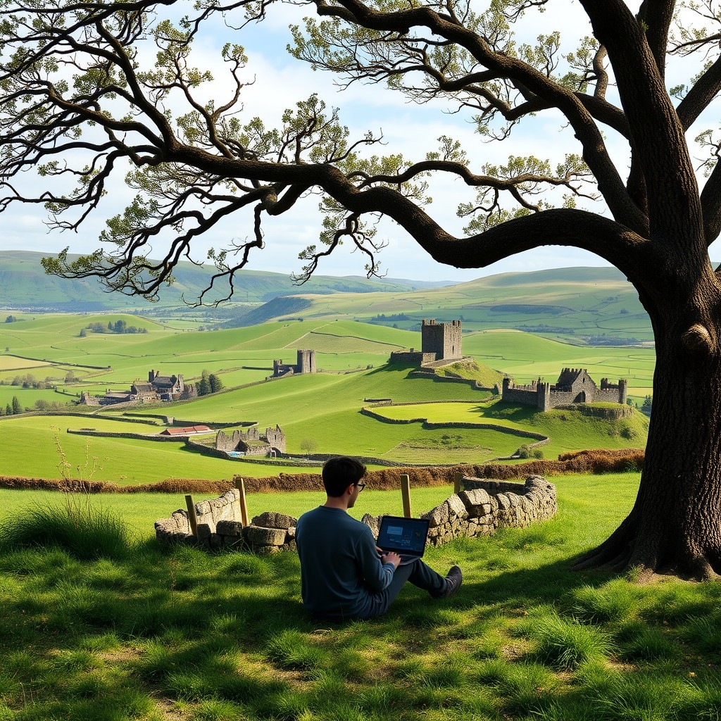 Digital nomad Digital nomad working on laptop amid Ireland's rolling green hills and castles, symbolizing the allure of remote work in Ireland