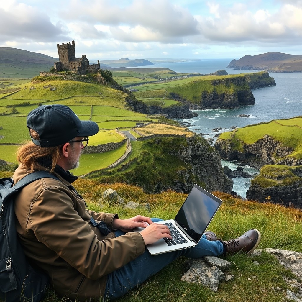 Digital nomad in Ireland's countryside Digital nomad using a laptop in Ireland's countryside with green hills and castles