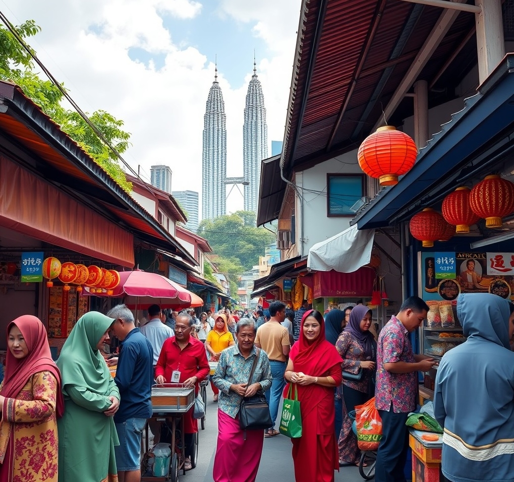 Malaysian street A bustling Malaysian street showcasing multicultural life with people, markets, and the city skyline.