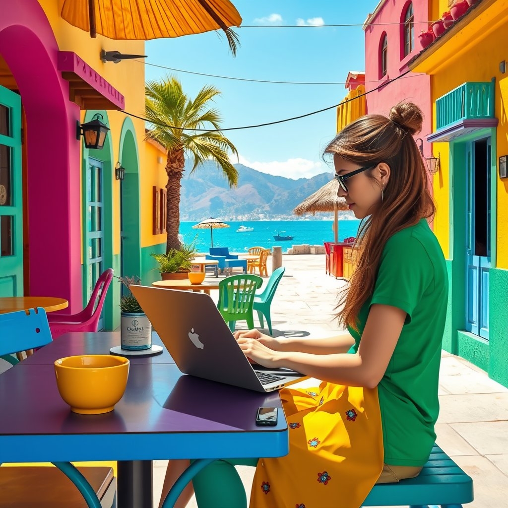 Digital nomad A digital nomad using a laptop on a colorful Malaysian cafe under palm trees ocean in the background